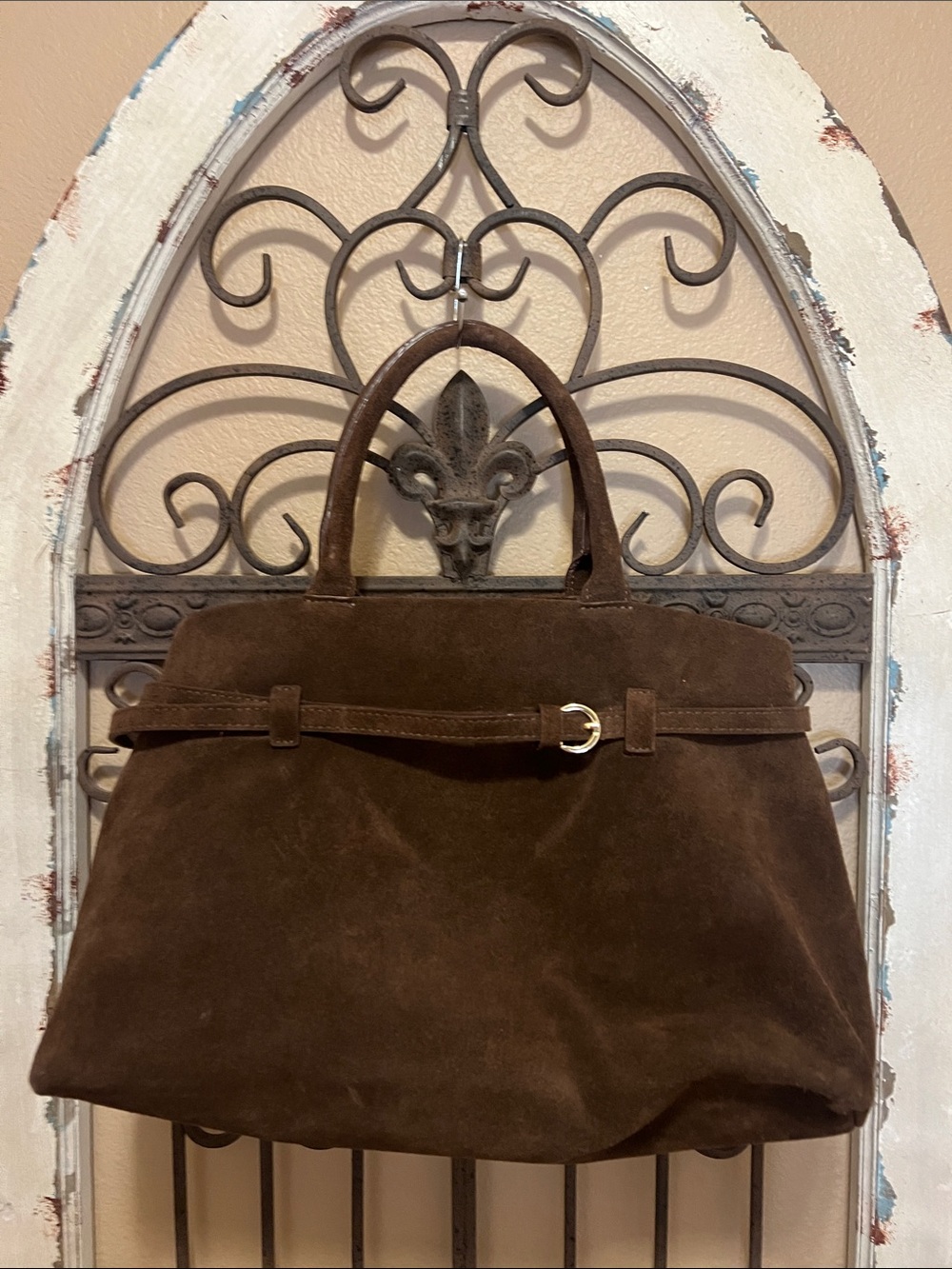 Classic Brown Suede Tote Bag with Belt Accent